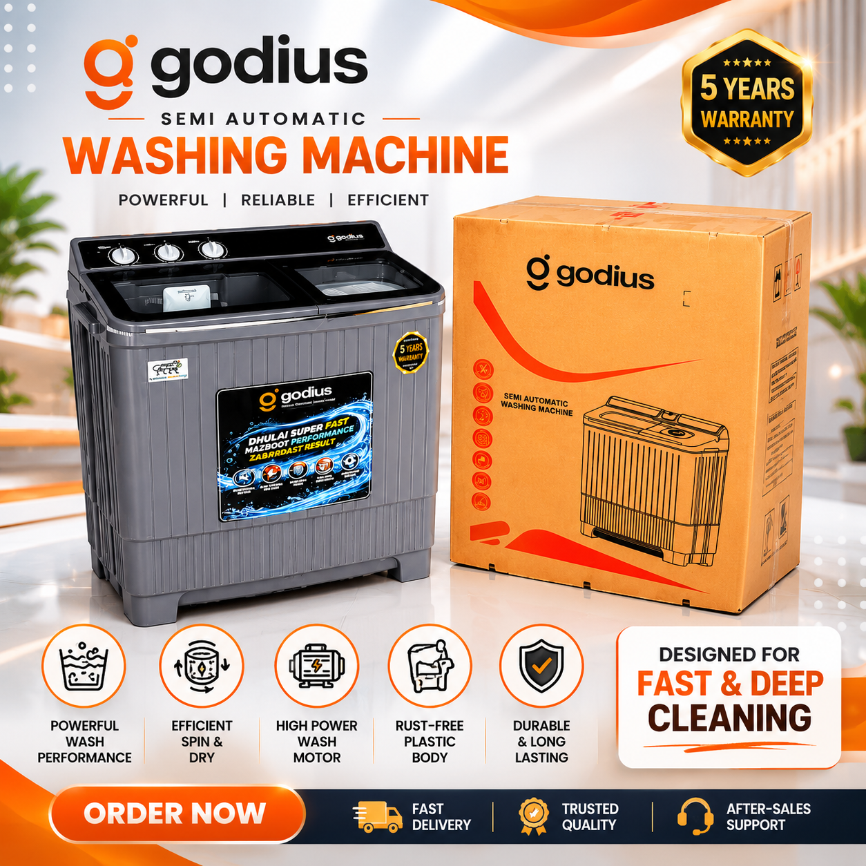 Godius 12 KG Semi Automatic Washing Machine | Powerful Wash Motor | Rust-Free Body | 5 Years Warranty | Smart Cleaning Technology - Image 4