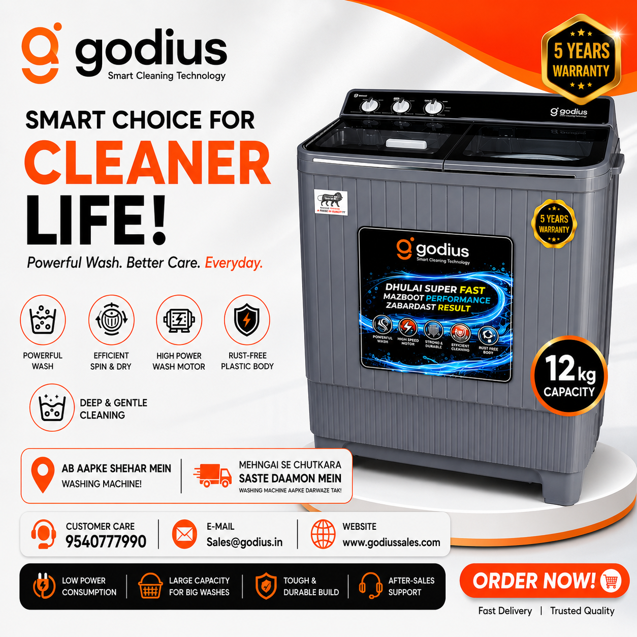 Godius 12 KG Semi Automatic Washing Machine | Powerful Wash Motor | Rust-Free Body | 5 Years Warranty | Smart Cleaning Technology