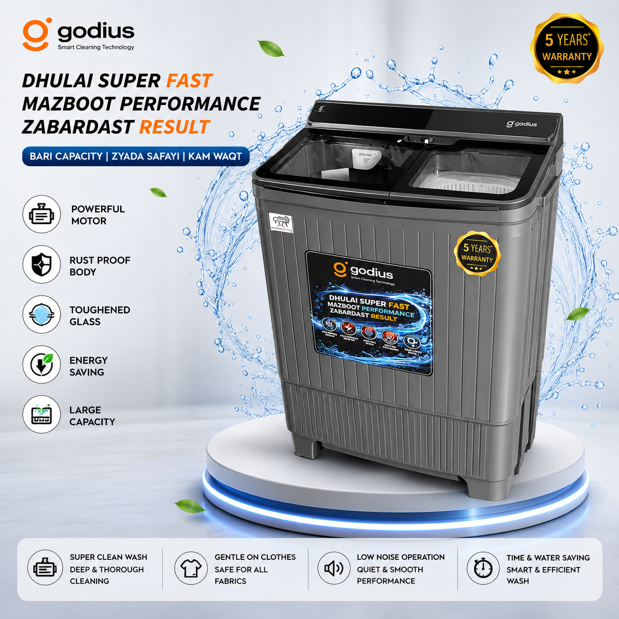 Godius 12 KG Semi Automatic Washing Machine | Powerful Wash Motor | Rust-Free Body | 5 Years Warranty | Smart Cleaning Technology - Image 2