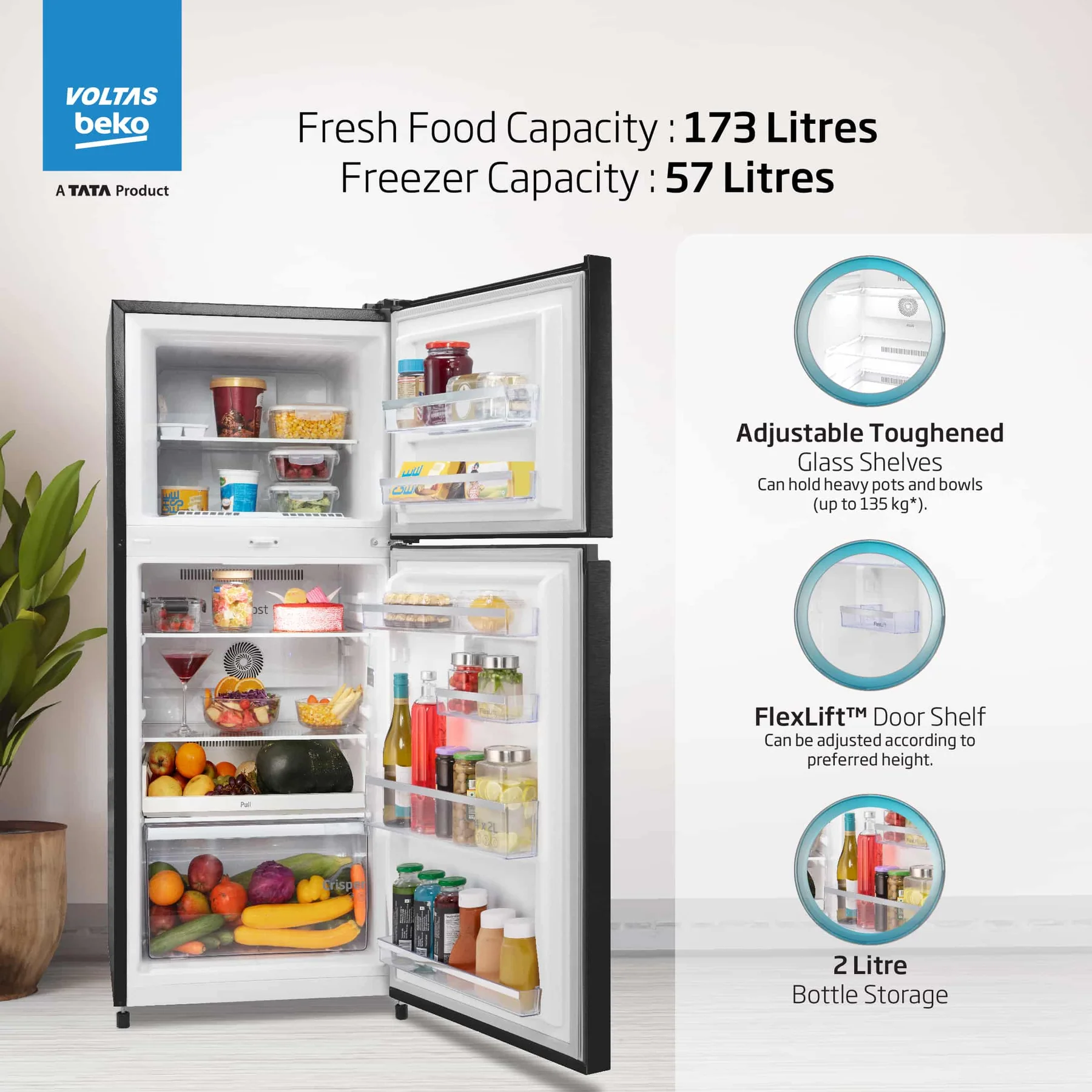 Voltas Beko 283 L, 2 Star, 6-in-1 Adjustable Frost Free Inverter Double Door Refrigerator (Wooden Black), A Tata Product - Image 3