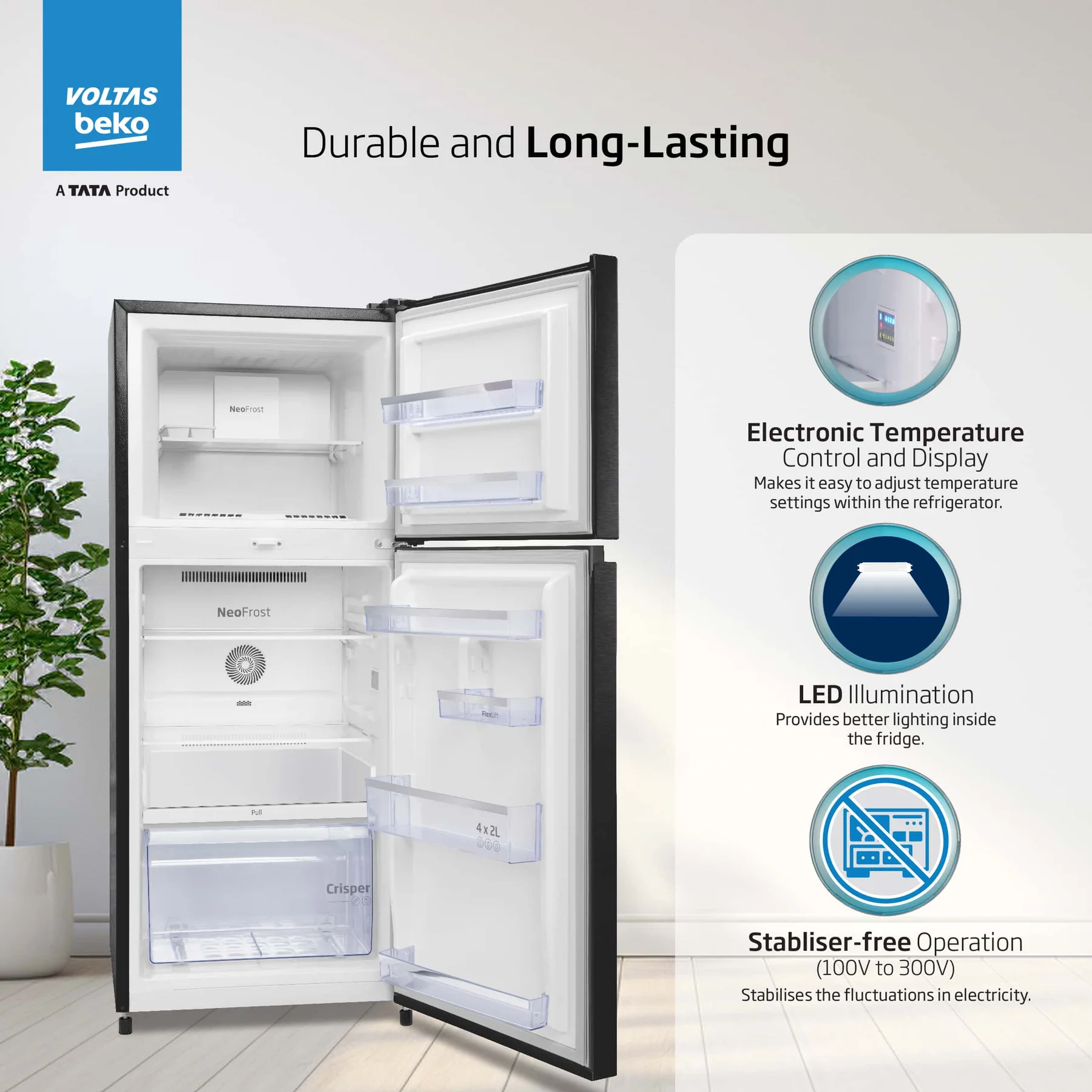 Voltas Beko 283 L, 2 Star, 6-in-1 Adjustable Frost Free Inverter Double Door Refrigerator (Wooden Black), A Tata Product - Image 4