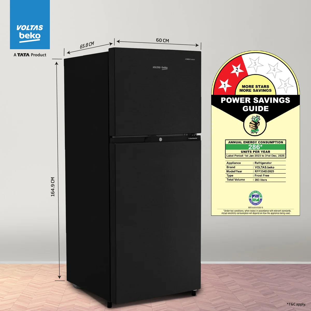 Voltas Beko 283 L, 2 Star, 6-in-1 Adjustable Frost Free Inverter Double Door Refrigerator (Wooden Black), A Tata Product - Image 2