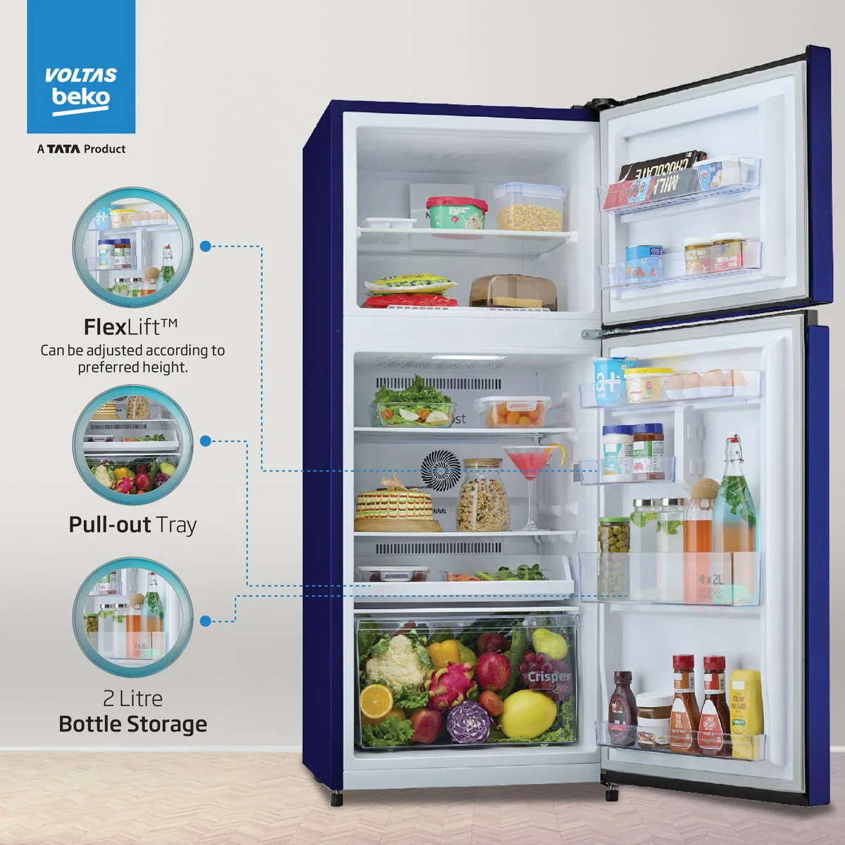 Voltas Beko 283 L, 2 Star, Inverter Double Door Refrigerator with Neo Frost Dual Cooling (Brushed Silver), A Tata Product - Image 5