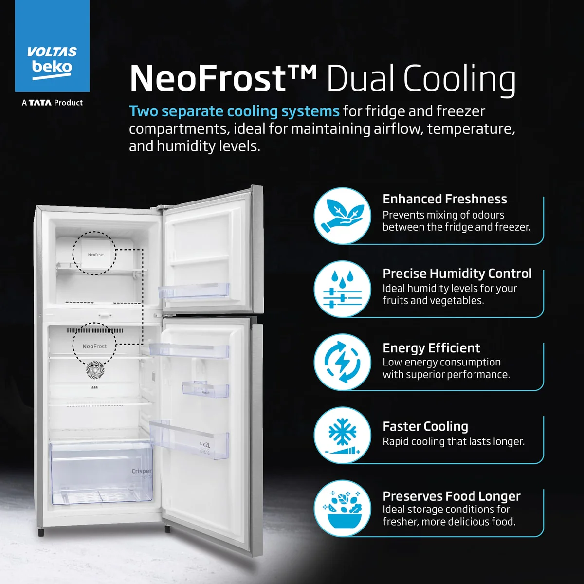 Voltas Beko 283 L, 2 Star, Inverter Double Door Refrigerator with Neo Frost Dual Cooling (Brushed Silver), A Tata Product - Image 6