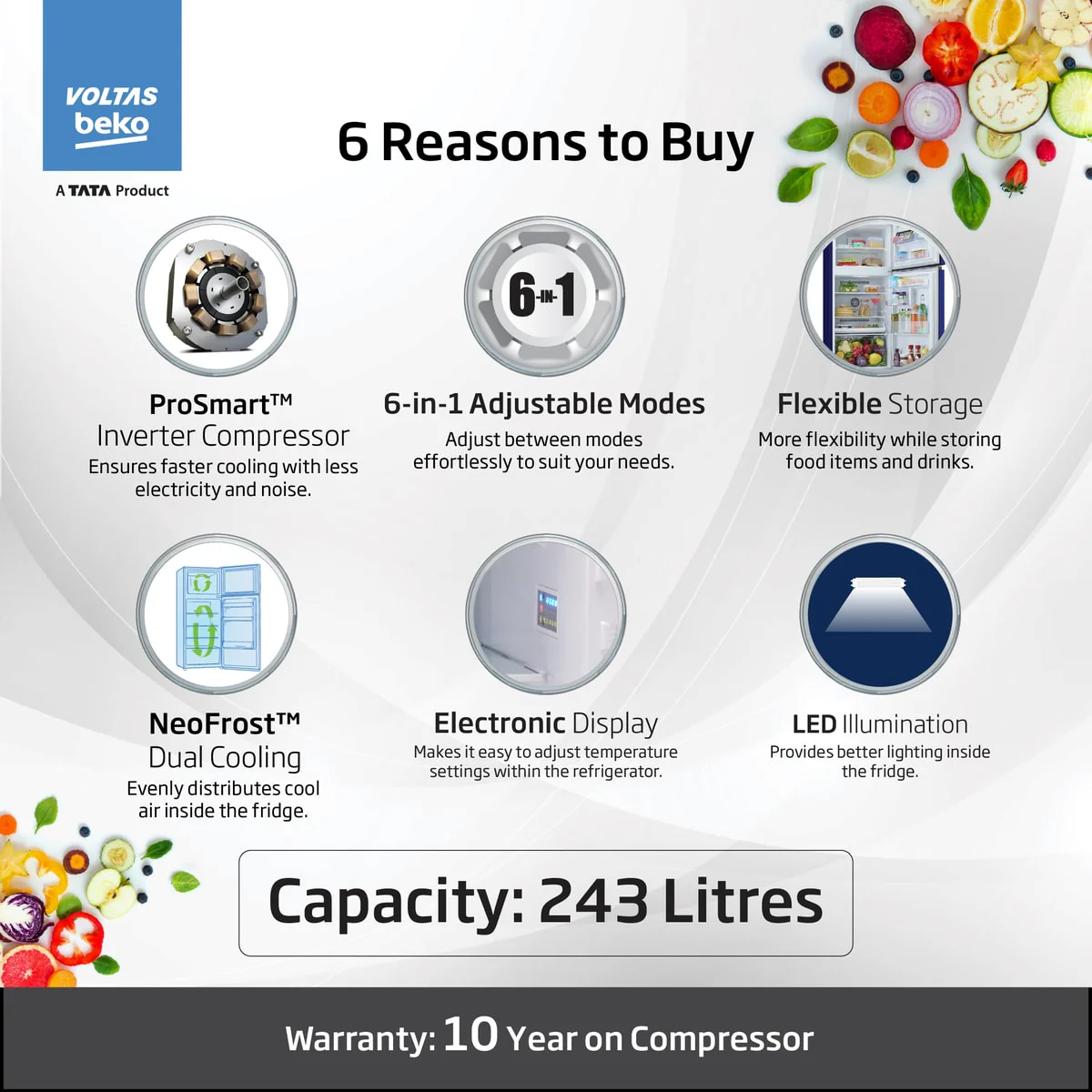 Voltas Beko 283 L, 2 Star, Inverter Double Door Refrigerator with Neo Frost Dual Cooling (Brushed Silver), A Tata Product - Image 4
