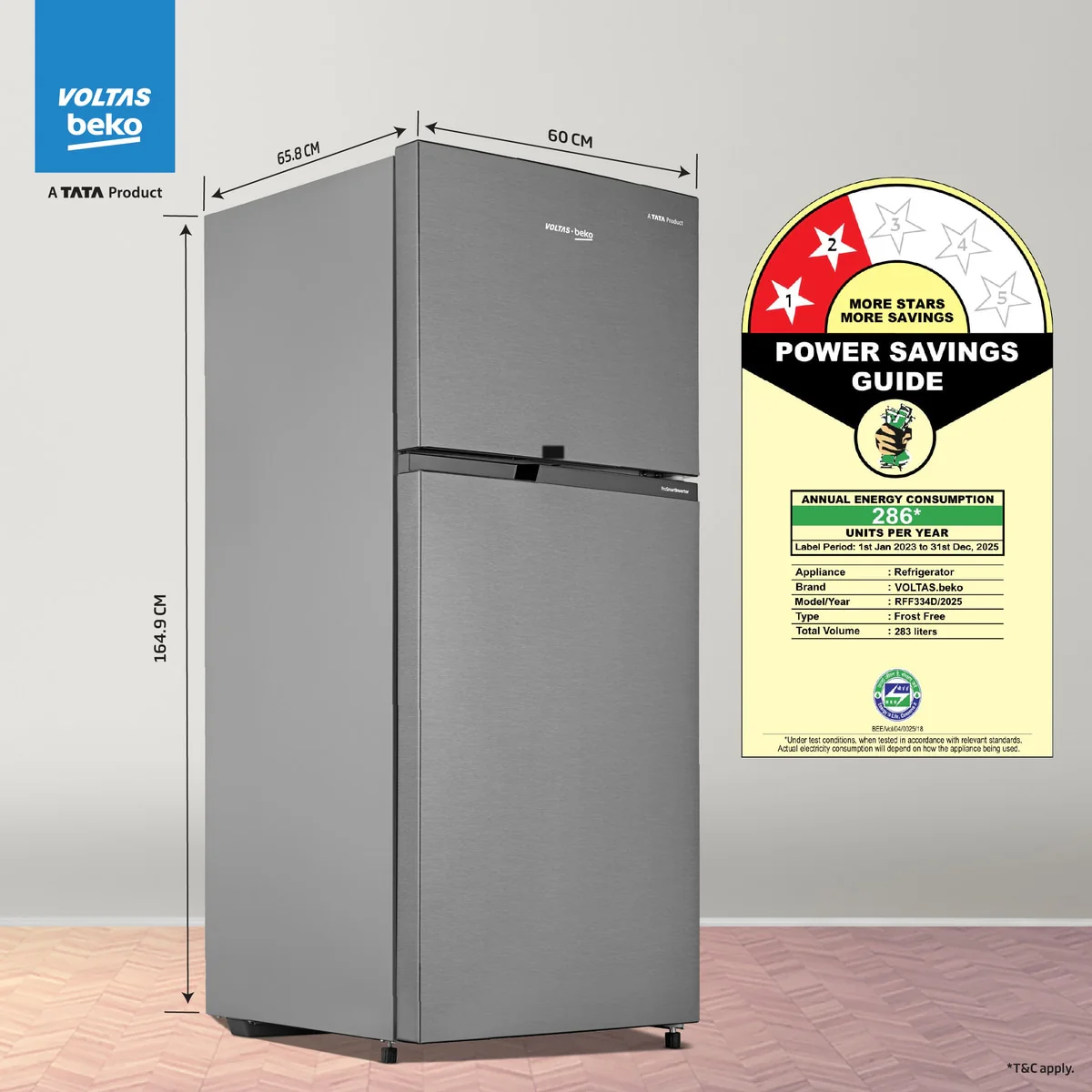 Voltas Beko 283 L, 2 Star, Inverter Double Door Refrigerator with Neo Frost Dual Cooling (Brushed Silver), A Tata Product - Image 2