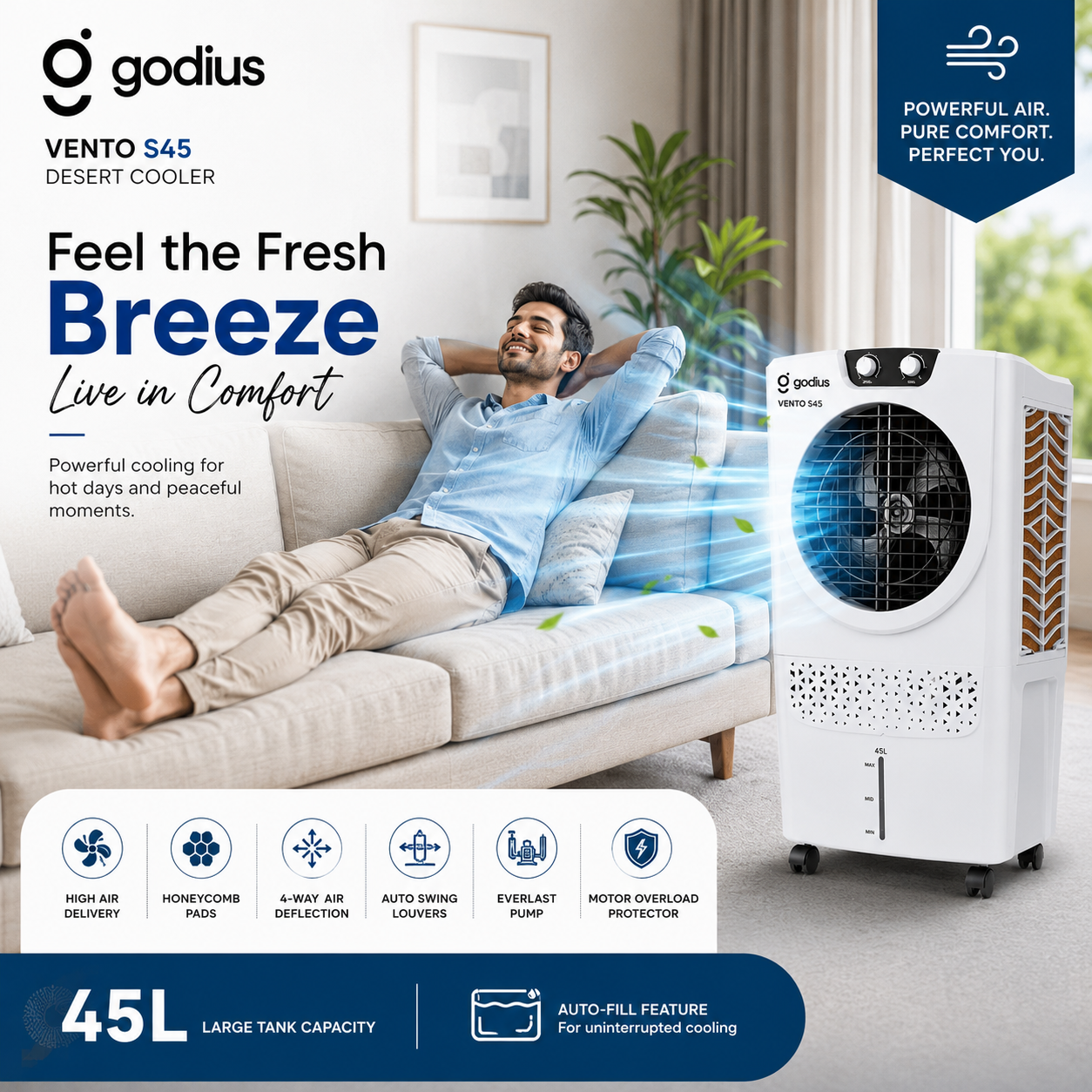 Godius VENTO S45 Desert Air Cooler | 45L High Air Delivery Air Cooler - Image 5