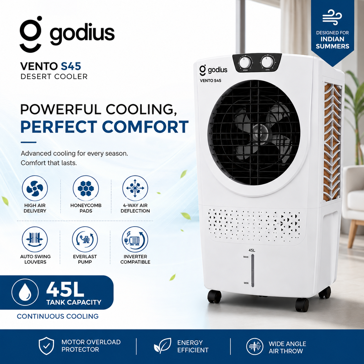 Godius VENTO S45 Desert Air Cooler | 45L High Air Delivery Air Cooler - Image 4