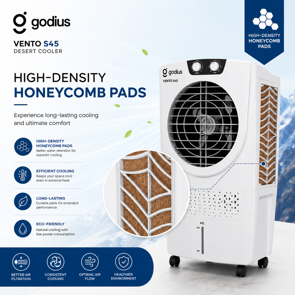 Godius VENTO S45 Desert Air Cooler | 45L High Air Delivery Air Cooler - Image 3
